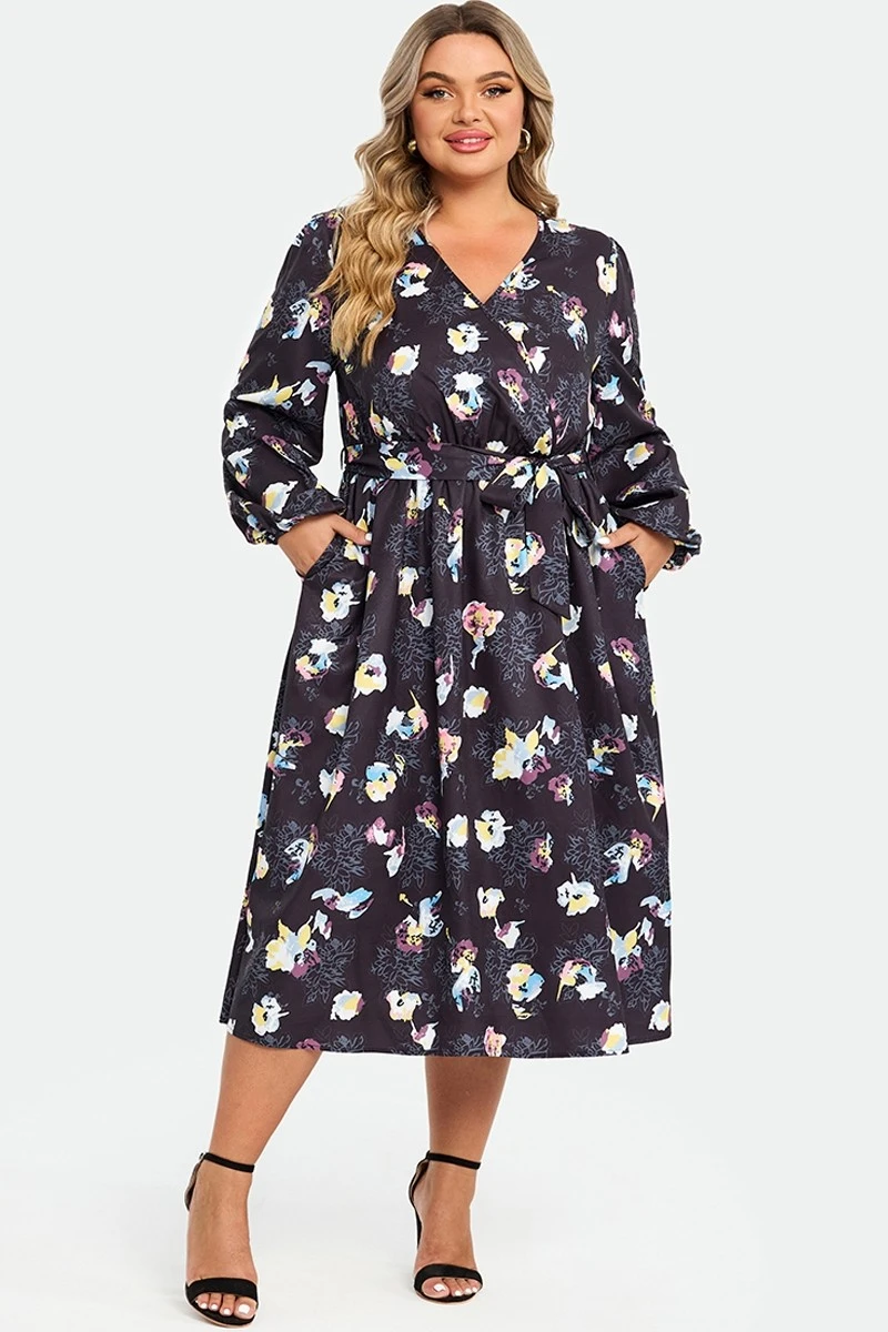 Black Floral Long Sleeve V Neck Midi Dress 5 Black Floral Long Sleeve V Neck Midi Dress - Image 3