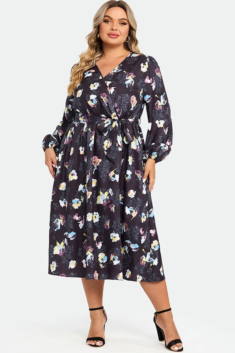 Black Floral Long Sleeve V Neck Midi Dress 6 Black Floral Long Sleeve V Neck Midi Dress - Image 4