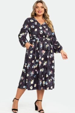 Black Floral Long Sleeve V Neck Midi Dress 12 Black Floral Long Sleeve V Neck Midi Dress -Luna Marina Store c sd034001 5