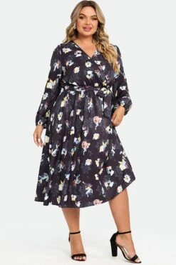 Black Floral Long Sleeve V Neck Midi Dress 13 Black Floral Long Sleeve V Neck Midi Dress -Luna Marina Store c sd034001 6