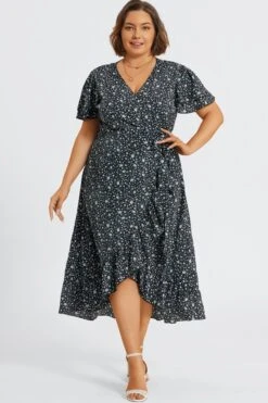 Black Floral Short Sleeve Peplum V Neck Maxi Dress -Luna Marina Store c sd036001 3