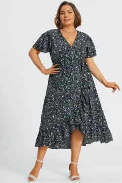 Black Floral Short Sleeve Peplum V Neck Maxi Dress -Luna Marina Store c sd036001 5