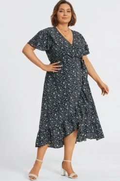 Black Floral Short Sleeve Peplum V Neck Maxi Dress -Luna Marina Store c sd036001 7