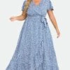 Plus Size Floral Flutter Sleeve Ruffle Belted Maxi Dress -Luna Marina Store c sd036002 1