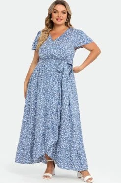 Plus Size Floral Flutter Sleeve Ruffle Belted Maxi Dress -Luna Marina Store c sd036002 3