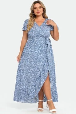 Plus Size Floral Flutter Sleeve Ruffle Belted Maxi Dress -Luna Marina Store c sd036002 4