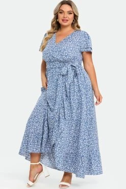 Plus Size Floral Flutter Sleeve Ruffle Belted Maxi Dress -Luna Marina Store c sd036002 5