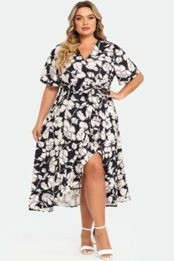 Black & White Floral Print V-Neck Maxi Dress -Luna Marina Store c sd039001 3