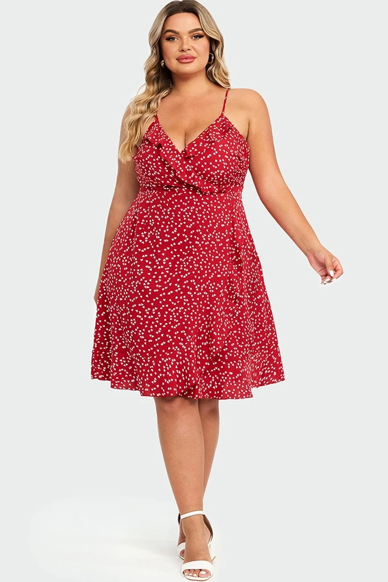 Allover Heart Print Wrap Cami Ruffles Midi Dress 3 Allover Heart Print Wrap Cami Ruffles Midi Dress