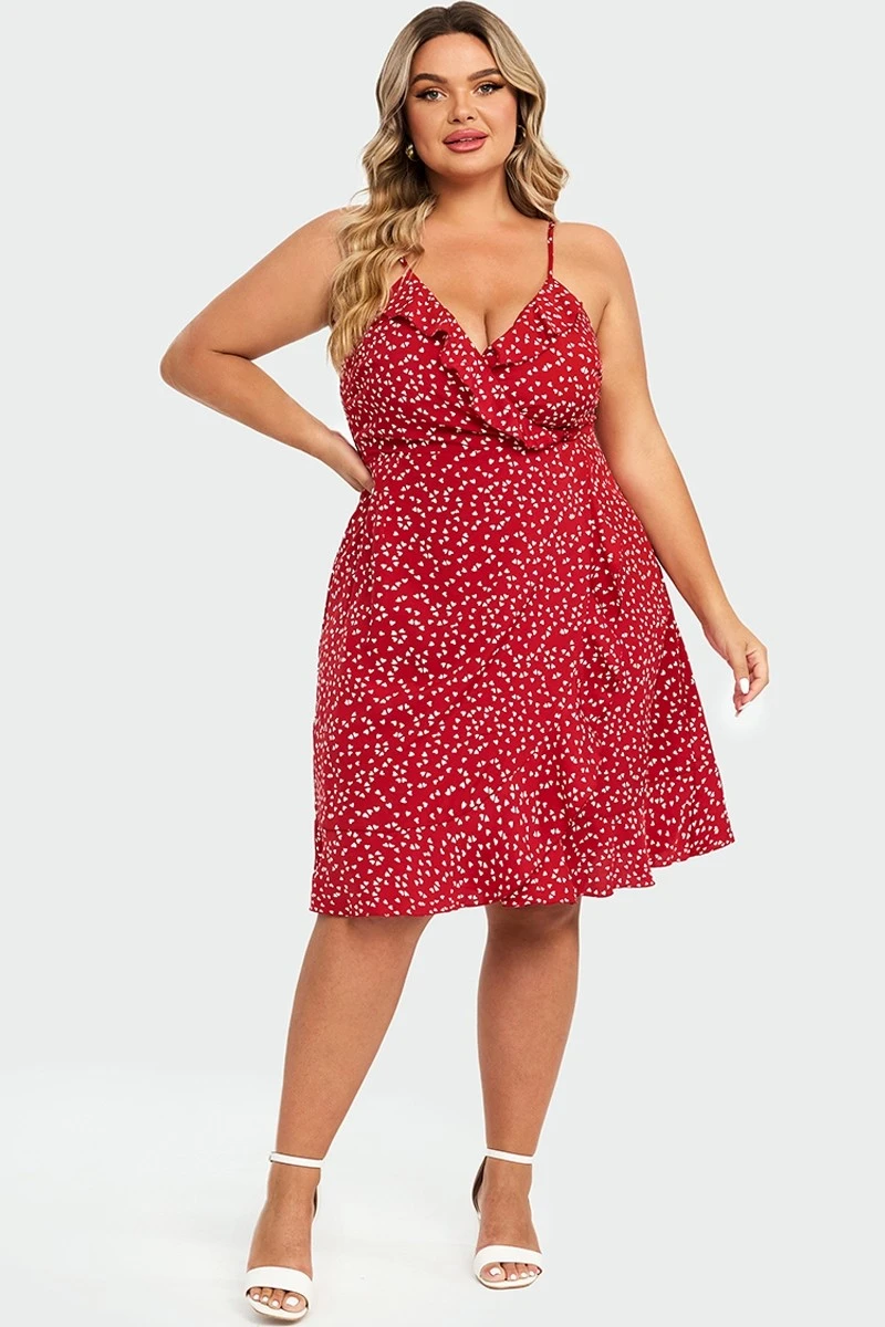 Allover Heart Print Wrap Cami Ruffles Midi Dress 5 Allover Heart Print Wrap Cami Ruffles Midi Dress - Image 3