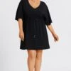 V-Neck Solid Color Elastic Eaist Ruffle Long Tunic -Luna Marina Store c sd047001 1