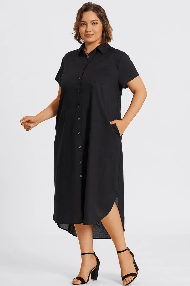 Plus Size Black Short Sleeve Shirt Maxi Dress 5 Plus Size Black Short Sleeve Shirt Maxi Dress - Image 3