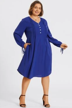 V-Neck Plain Navy Tie Shirt Midi Dress