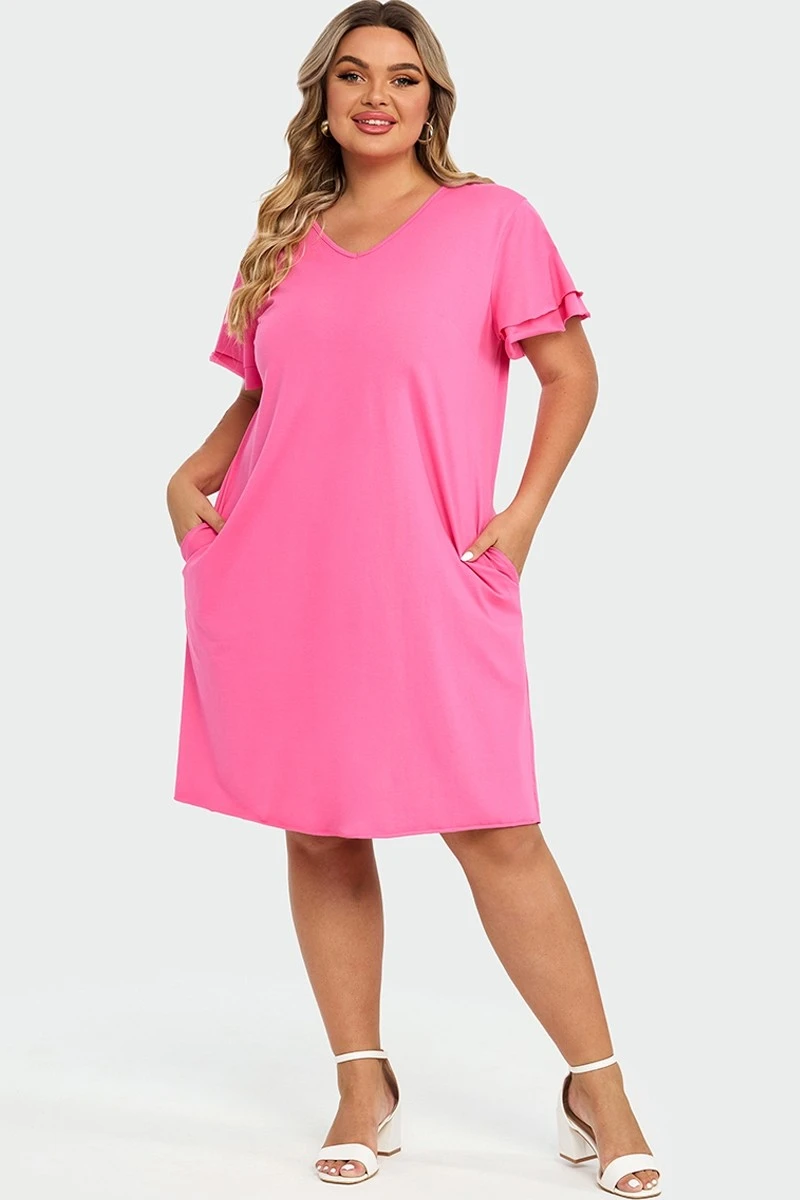 Plus Size V-Neck Pink Ruffle Sleeves Midi Dress 3 Plus Size V-Neck Pink Ruffle Sleeves Midi Dress