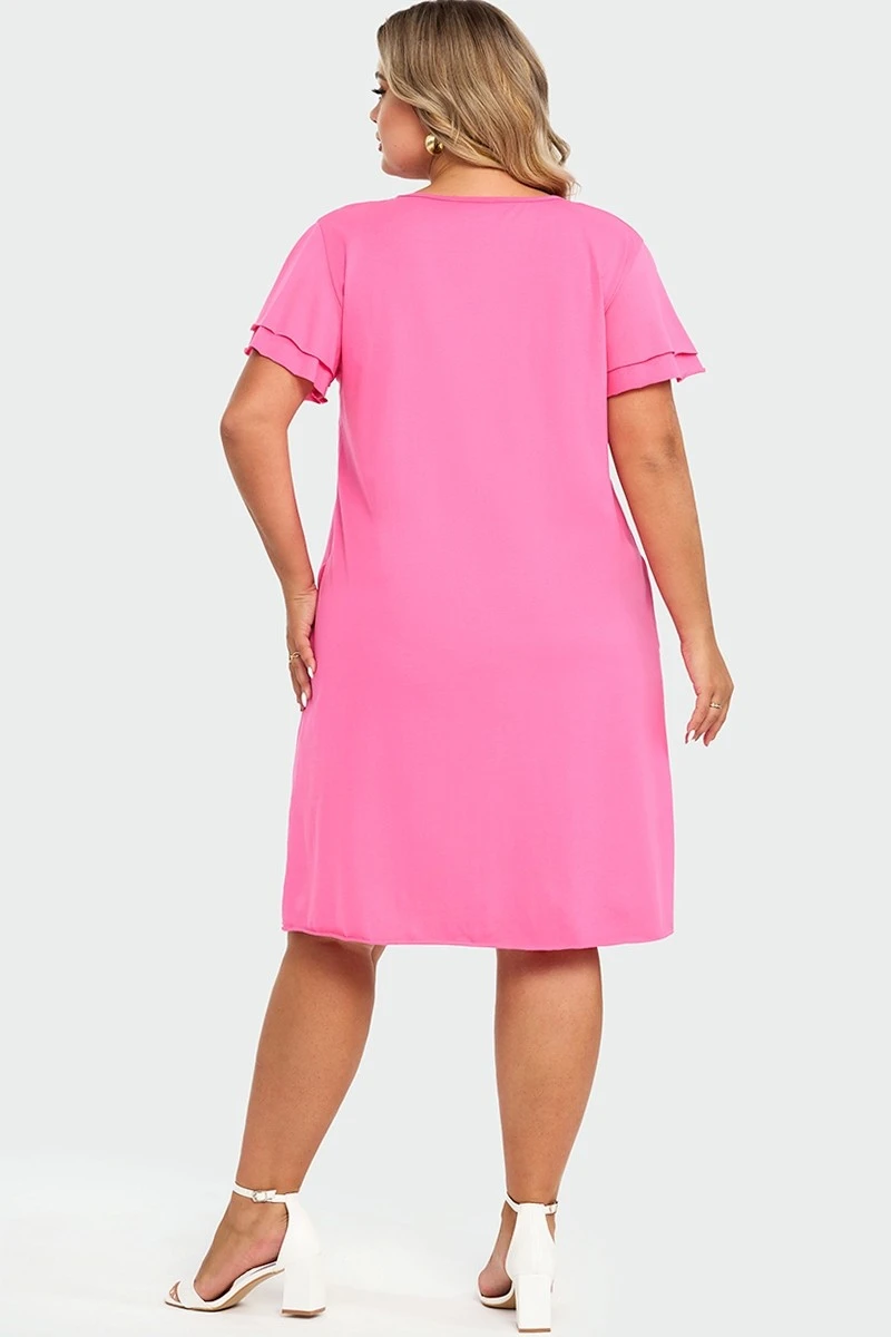 Plus Size V-Neck Pink Ruffle Sleeves Midi Dress 4 Plus Size V-Neck Pink Ruffle Sleeves Midi Dress - Image 2