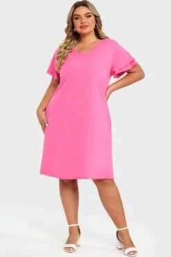 Plus Size V-Neck Pink Ruffle Sleeves Midi Dress 10 Plus Size V-Neck Pink Ruffle Sleeves Midi Dress -Luna Marina Store c sd052001 3