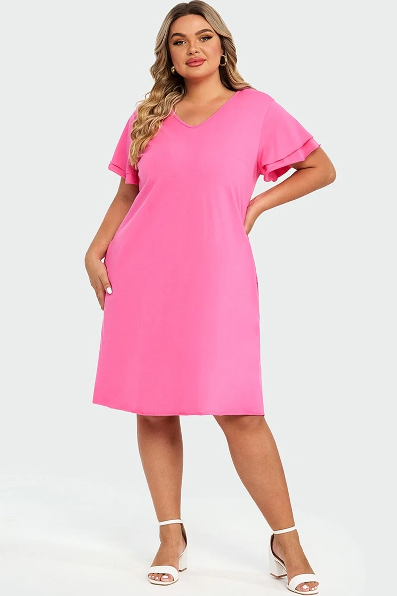 Plus Size V-Neck Pink Ruffle Sleeves Midi Dress 5 Plus Size V-Neck Pink Ruffle Sleeves Midi Dress - Image 3