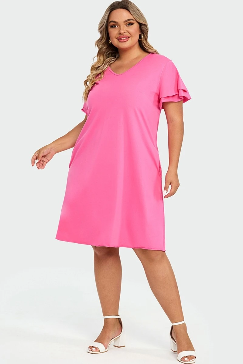 Plus Size V-Neck Pink Ruffle Sleeves Midi Dress 6 Plus Size V-Neck Pink Ruffle Sleeves Midi Dress - Image 4