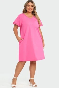 Plus Size V-Neck Pink Ruffle Sleeves Midi Dress 12 Plus Size V-Neck Pink Ruffle Sleeves Midi Dress -Luna Marina Store c sd052001 5