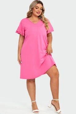 Plus Size V-Neck Pink Ruffle Sleeves Midi Dress 13 Plus Size V-Neck Pink Ruffle Sleeves Midi Dress -Luna Marina Store c sd052001 6