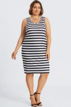Plus Size Black & White Stripe Midi Dress