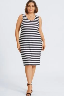 Plus Size Black ＆ White Stripe Midi Dress -Luna Marina Store c sd067001 4