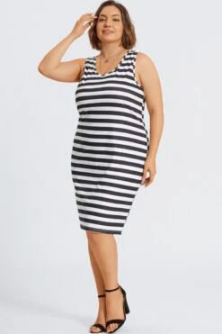 Plus Size Black ＆ White Stripe Midi Dress -Luna Marina Store c sd067001 5