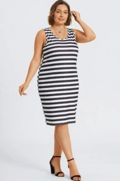 Plus Size Black ＆ White Stripe Midi Dress -Luna Marina Store c sd067001 6