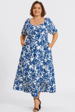 Floral Print Square Neck Pocket Ruffle Hem Maxi Dress -Luna Marina Store c sd069001 3