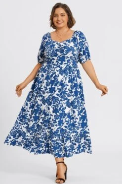 Floral Print Square Neck Pocket Ruffle Hem Maxi Dress -Luna Marina Store c sd069001 4