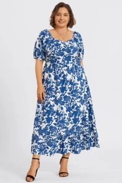 Floral Print Square Neck Pocket Ruffle Hem Maxi Dress -Luna Marina Store c sd069001 5