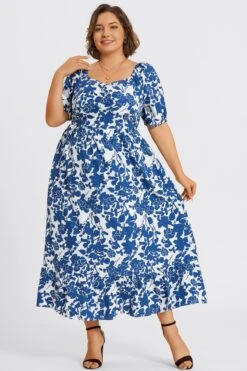 Floral Print Square Neck Pocket Ruffle Hem Maxi Dress -Luna Marina Store c sd069001 6