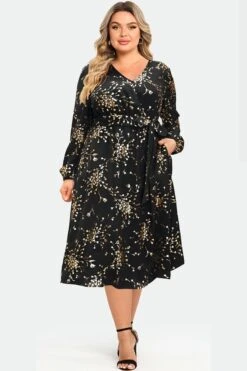 V-Neck Floral Pocket Long Sleeve Belted Dress -Luna Marina Store c sdbc008003 2
