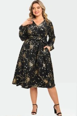 V-Neck Floral Pocket Long Sleeve Belted Dress -Luna Marina Store c sdbc008003 3