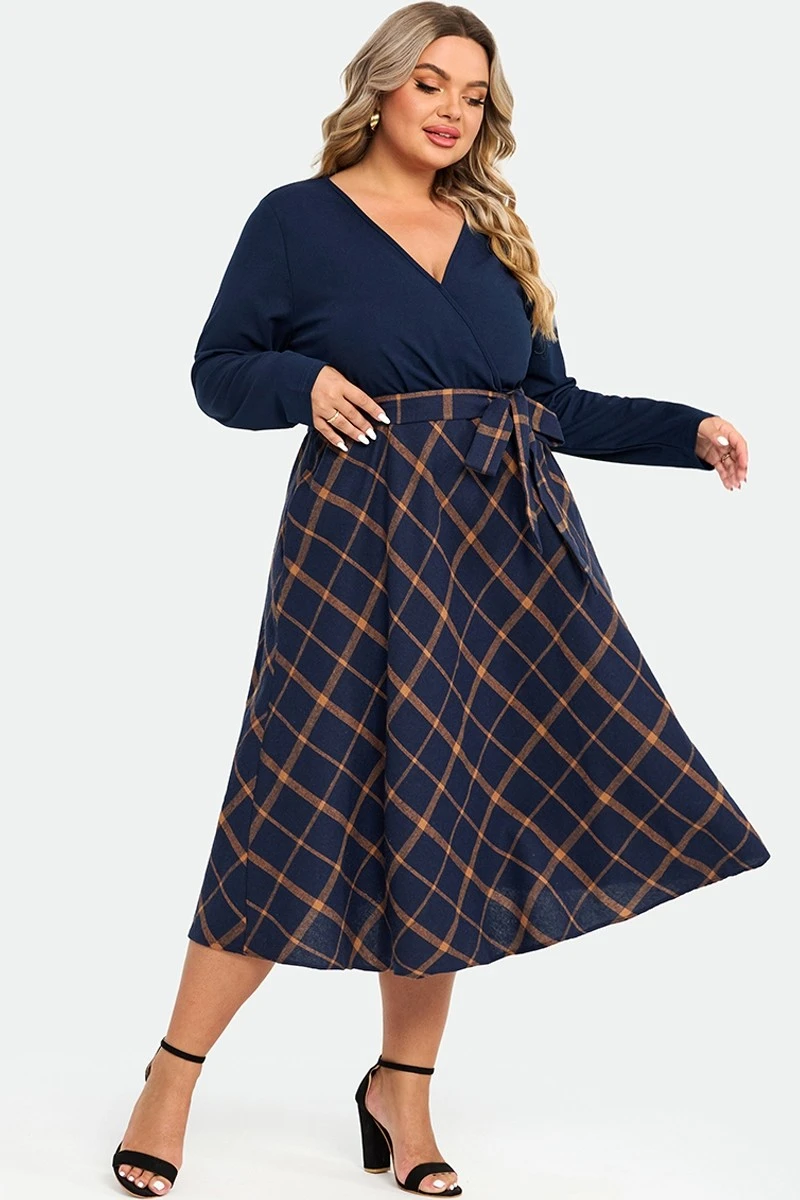 V-Neck Plaid Patchwork Belt Pocket Maxi Dress 3 V-Neck Plaid Patchwork Belt Pocket Maxi Dress