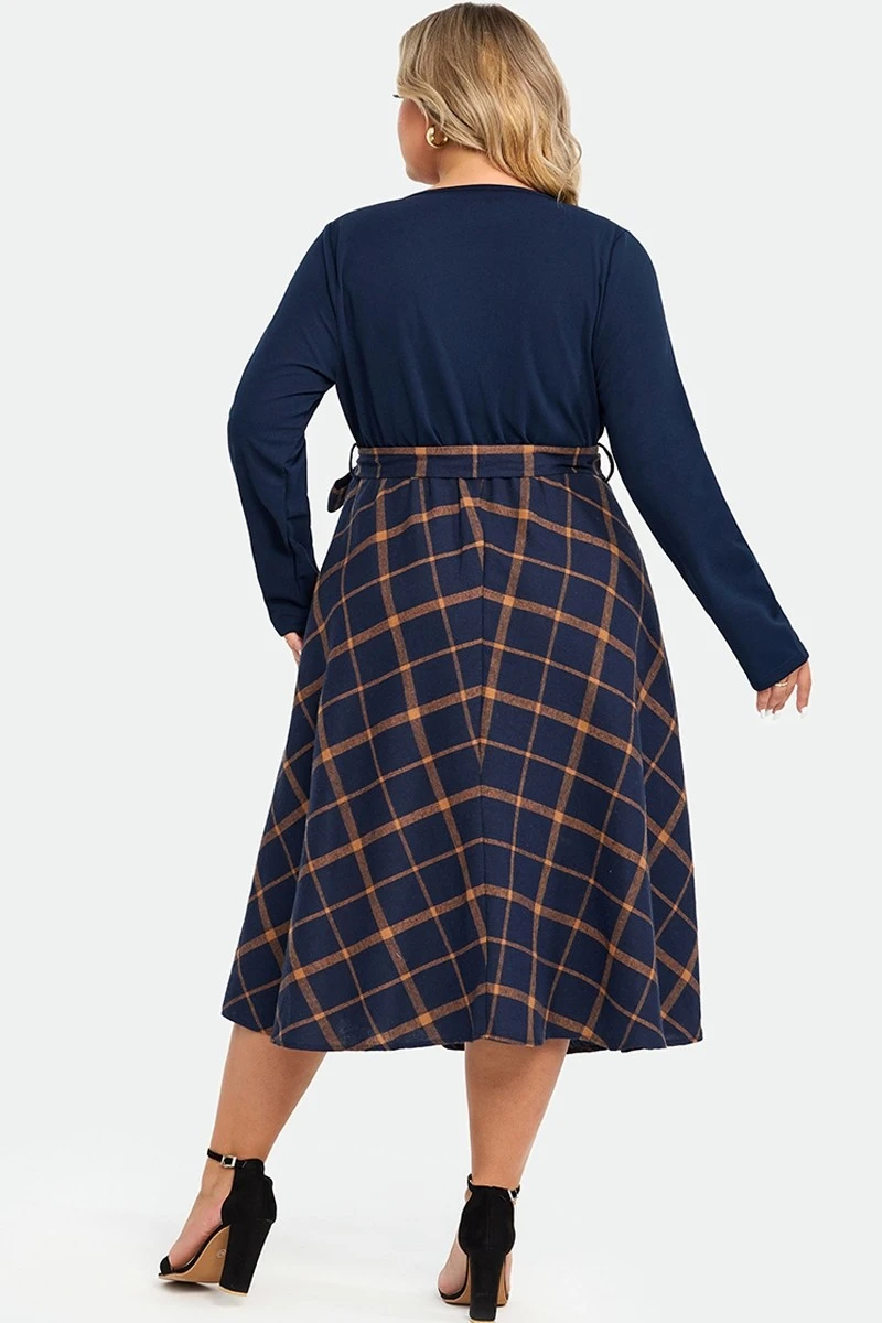 V-Neck Plaid Patchwork Belt Pocket Maxi Dress 4 V-Neck Plaid Patchwork Belt Pocket Maxi Dress - Image 2