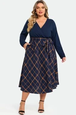 V-Neck Plaid Patchwork Belt Pocket Maxi Dress 10 V-Neck Plaid Patchwork Belt Pocket Maxi Dress -Luna Marina Store c sdbc009002 3