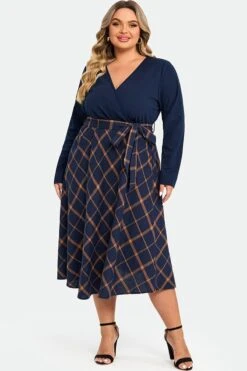 V-Neck Plaid Patchwork Belt Pocket Maxi Dress 12 V-Neck Plaid Patchwork Belt Pocket Maxi Dress -Luna Marina Store c sdbc009002 4