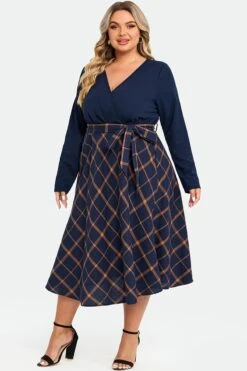 V-Neck Plaid Patchwork Belt Pocket Maxi Dress 11 V-Neck Plaid Patchwork Belt Pocket Maxi Dress -Luna Marina Store c sdbc009002 5