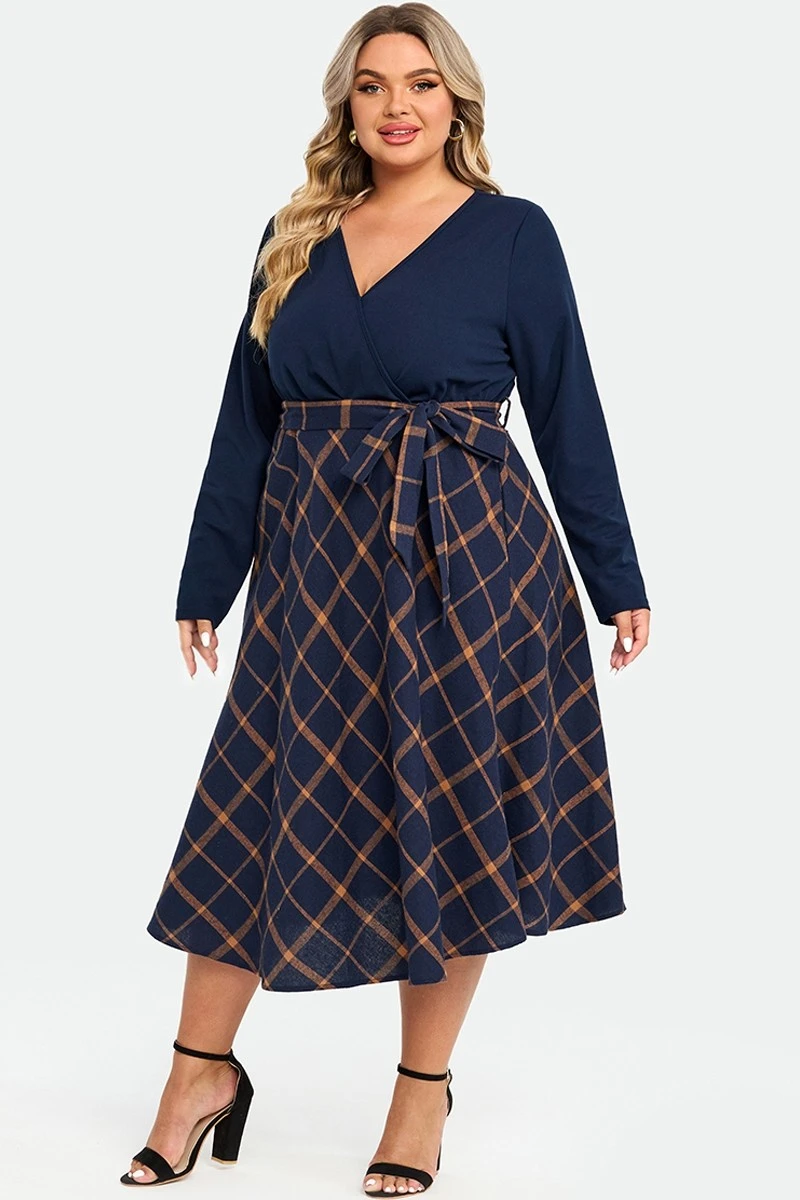 V-Neck Plaid Patchwork Belt Pocket Maxi Dress 6 V-Neck Plaid Patchwork Belt Pocket Maxi Dress - Image 4