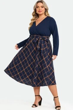 V-Neck Plaid Patchwork Belt Pocket Maxi Dress 13 V-Neck Plaid Patchwork Belt Pocket Maxi Dress -Luna Marina Store c sdbc009002 6