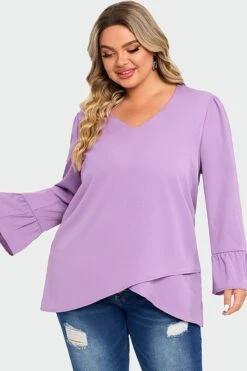 Purple Asymmetrical Ruffles Sleeve Crisscross Hem Blouse
