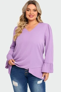 Purple Asymmetrical Ruffles Sleeve Crisscross Hem Blouse -Luna Marina Store c top003001 3