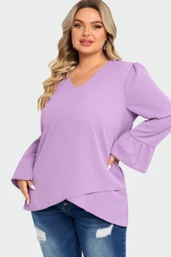 Purple Asymmetrical Ruffles Sleeve Crisscross Hem Blouse -Luna Marina Store c top003001 4