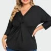Black V Neck Modal Twist Front Women T-Shirt 2 Black V Neck Modal Twist Front Women T-Shirt -Luna Marina Store c top005001 1