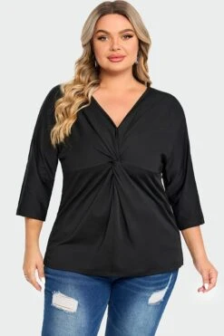Black V Neck Modal Twist Front Women T-Shirt -Luna Marina Store c top005001 3