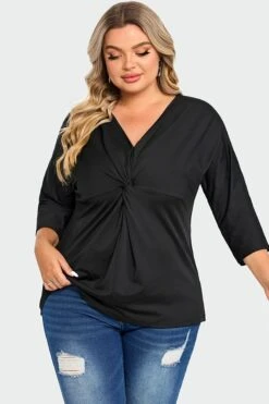 Black V Neck Modal Twist Front Women T-Shirt -Luna Marina Store c top005001 4