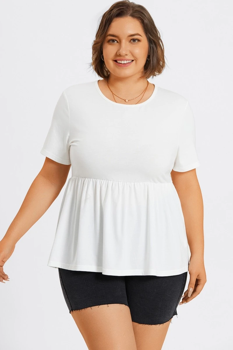 White Plus Size Round Neck Peplum Top 3 White Plus Size Round Neck Peplum Top