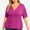 Purple Ruffle Shirring Short Sleeve V Neck Top 1 Purple Ruffle Shirring Short Sleeve V Neck Top -Luna Marina Store c top008001 1