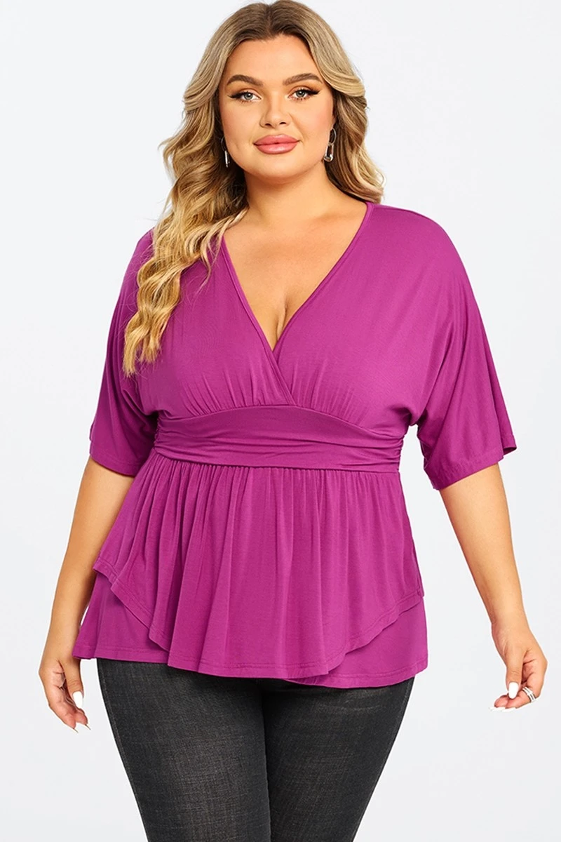 Purple Ruffle Shirring Short Sleeve V Neck Top 3 Purple Ruffle Shirring Short Sleeve V Neck Top